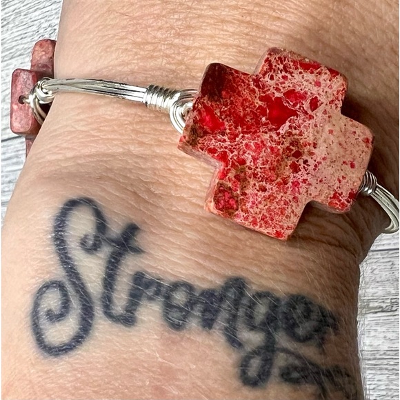 Artisan Stone Gem Bangle Wrist Bracelet Silver Toned Metal Wire Wrapped Handmade - Picture 6 of 10